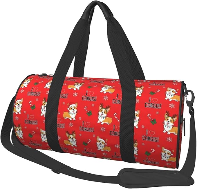 Gym Bags for Men Women, Foldable Travel Duffle Bag Christmas Corgi Dogs Red, Lightweight Weekender Water Resistant Workout Sports Bag for Travel Yoga