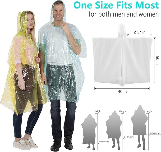 Disposable Rain Ponchos for Adult, Rain Poncho with Drawstring Hood, Emergency Rain Ponchos for Adult