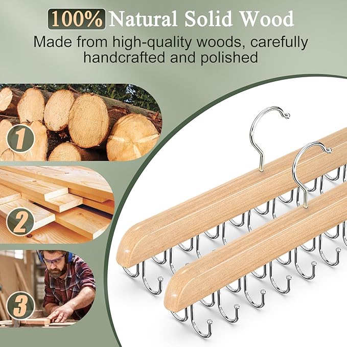 2 Pack Bra Hangers for Closet Organizer, Round Rectangle Bra Organizer with 40 Stainless Steel Hooks, Wooden Tank Top Hanger, Closet Organizers and Storage for Bras Camis Belts Ties, Natural Hanger