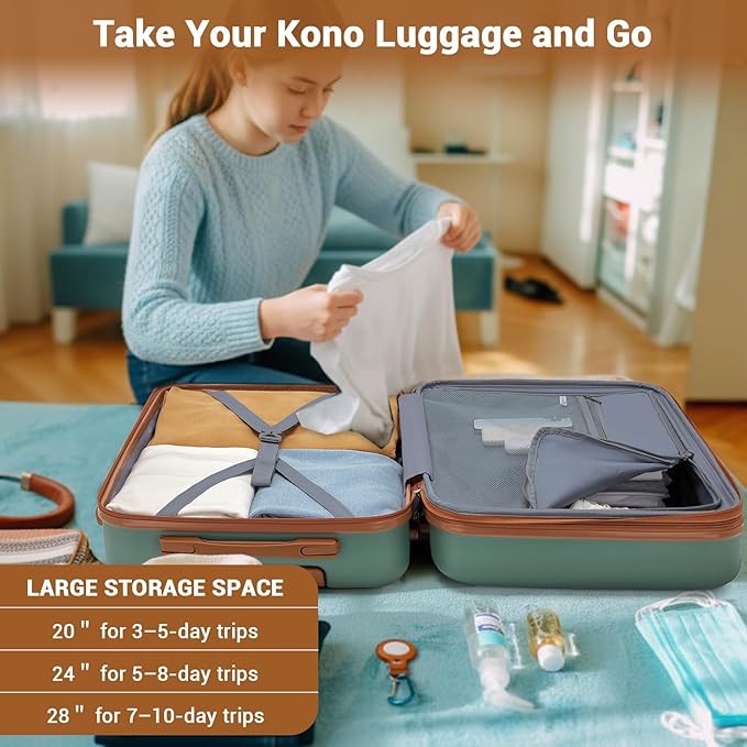 Kono Expandable 28 Inch Luggage with Spinner Wheels, Large Checked Luggage with Lock, Lightweight & Anti-Scratch PC+ABS Hardshell Travel Suitcase, Green/Brown