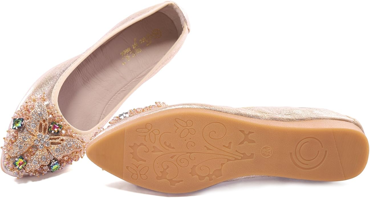 Womens Ballet Flats Foldable Rhinestone Pointed Toe Comfortable Slip on Wedding Flat Shoes Dress Flats for Women