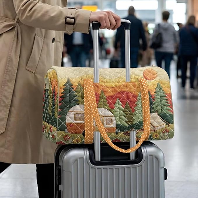 COEQINE Print Quilted Travel Duffle Bag For Women,Orange Car Camper Forest Print Quilted Tote Bag Large Car Weekend Bag with Zipper Pocket Dance Bag Organizer