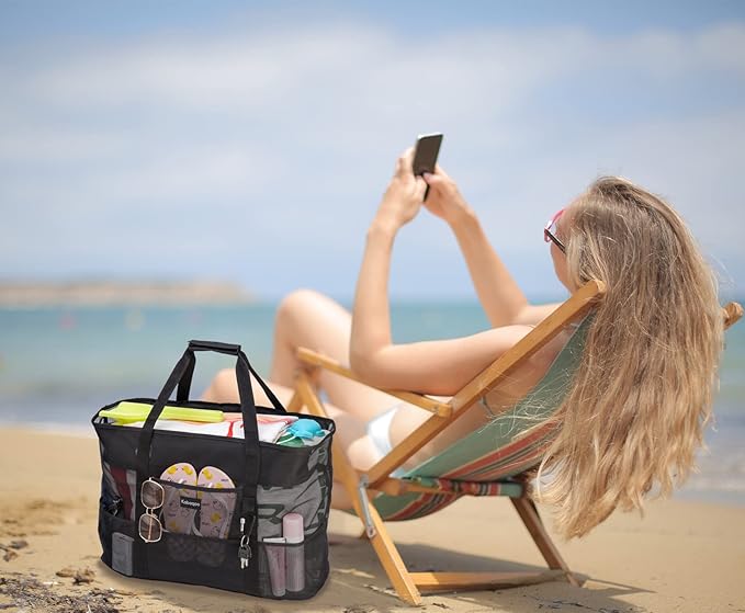 KABAQOO Mesh Beach Bag, Extra Large Beach Bags with 9 Pockets & Zipper Waterproof Lightweight Beach Tote for Beach/Pool Trip | Extra Large, 9 Pockets, Zipper, Waterproof, Lightweight, Beach/Pool Trip