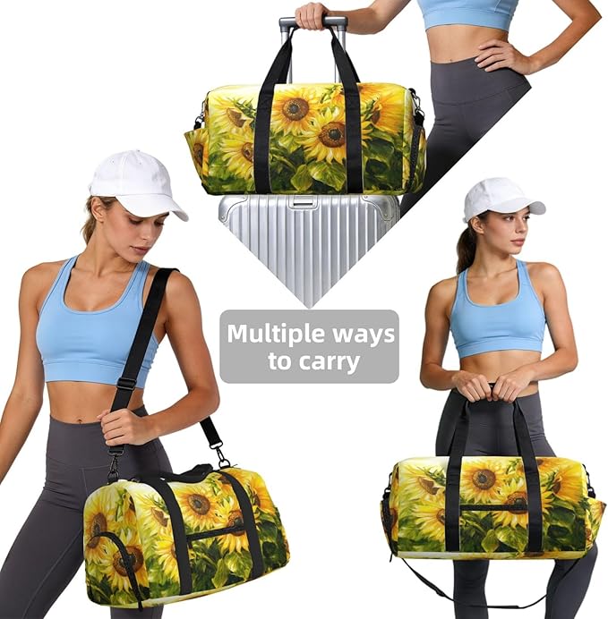 Sports Gym Bag Sunflowers Oil Painting Travel Duffel Bag With Shoe Compartment Shoulder Strap, Lightweight Water-Resistant Weekend Overnight Totes For Women Men