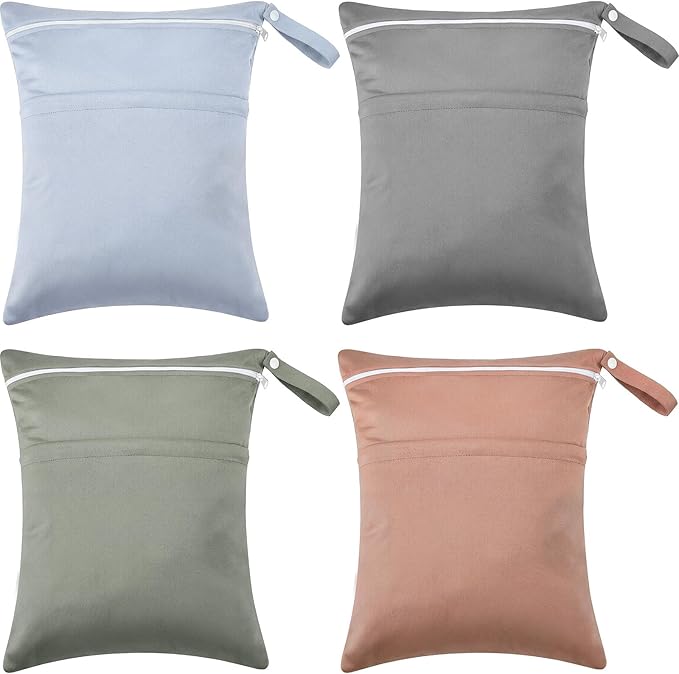 Shappy 4 Pcs Wet Dry Bag for Baby Cloth Diapers Waterproof Wet Bag Washable Travel Reusable with 2 Pocket for Swimsuits for Yoga Gym Travel Beach Pool(Brown, Dark Green, Light Purple, Grey)