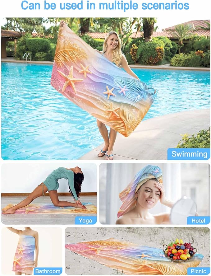 Summer Palm Leaves Beach Towel 30" x 60" Ocean Starfish Quick Dry Sand Free Pool Towels Dreamy Gradient Soft & Absorbent Compact Towels Beach Accessories for Travel Bathroom Swimming Pool