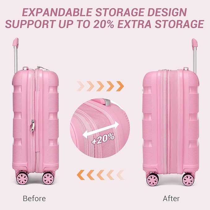 Kono Luggage Sets 3 Piece Hard Shell Travel Trolley 4 Spinner Wheels Lightweight Polypropylene Suitcase with TSA Lock (Pink, 20/24/28 Set)