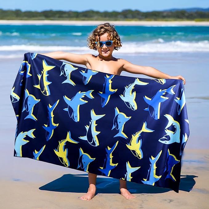MelonBoat Large Microfiber Beach Towel: 2pcs Green Dinosaur & Bright Blue Shark Beach Towel for Travel, Absorbent Quick Dry Sand Free, Lightweight Compact for Kids Trip Vacation Bath Camping Pool Swim