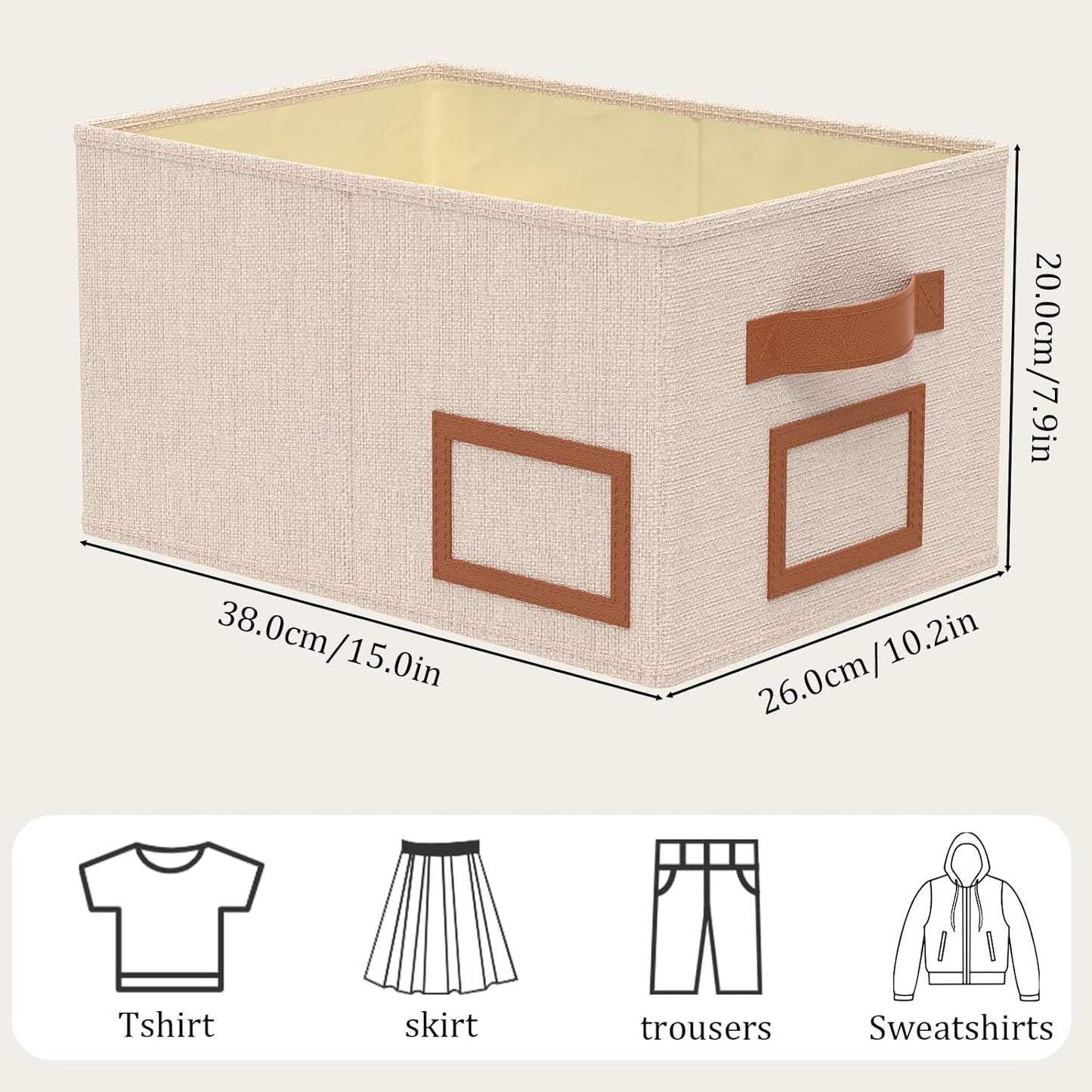 OUTBROS Foldable Storage Box for Shelves, 15 x 10.2 x 7.9 inch Fabric Baskets, Wardrobe Organiser with Handles, Suitable for Storing Clothes, Books, Cosmetics (Beige, 3-Pack)