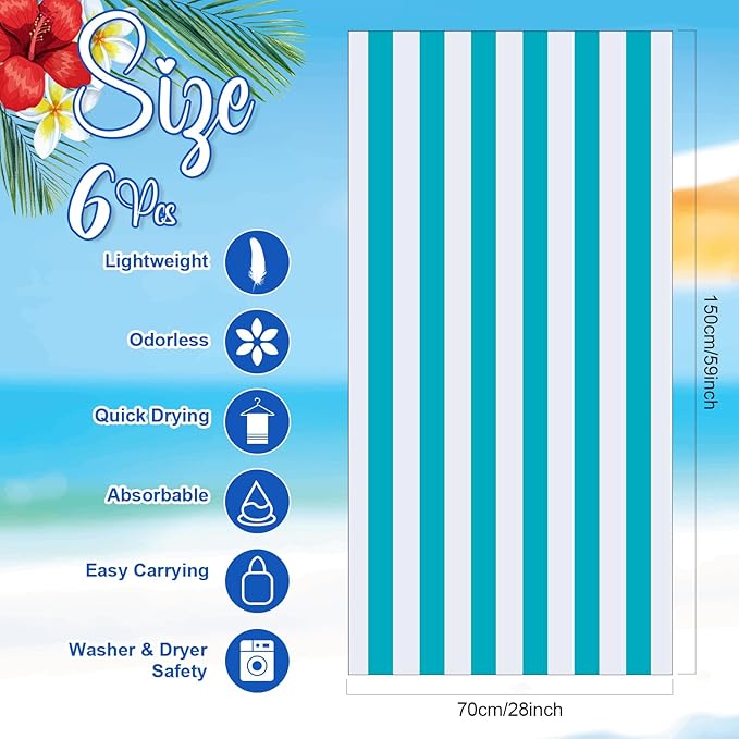 Peryiter 6 Pcs Oversized Microfiber Beach Towels 59 x 28 Inch Large Quick Dry Pool Towels Absorbent Camping Travel Blanket Set for Women Men Bath Beach(Stripe Style,28 x 59 Inch,Fresh Colors)