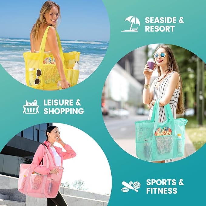 Mesh Beach Bag, Large Bag with Zipper Beach Bags for Women Waterproof Sandproof with 5 Pockets Green