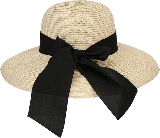 Surblue Straw Summer Hat Women's Floppy Sun Hat Wide Brim Beach Bow Hat