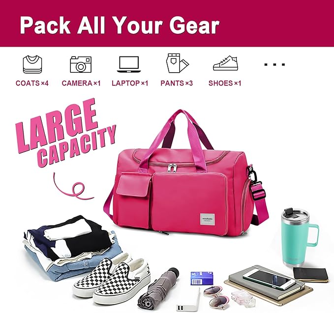 WOOMADA Foldable Travel Duffel Bag with Shoes Compartment, Overnight Bag with Wet Pocket & Trolley Sleeve, Weekender Bags for Women(A-rose red)
