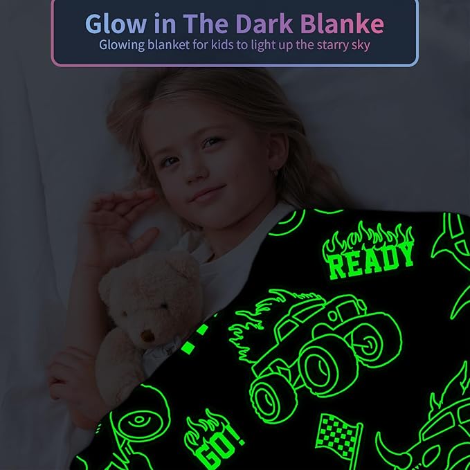 Glow in The Dark Monster Truck Blanket for Boys/Girls/Kids/Toddler/Baby, Monster Truck Toys for Boy Age 3-12, Car Blanket for Birthday/Gifts 40"x 50"