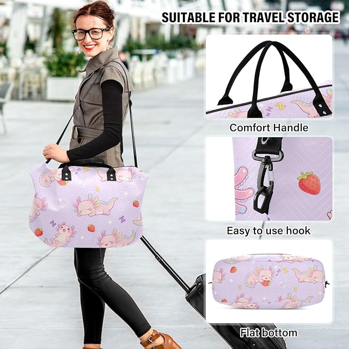 Travel Duffle Bag, Good Night Strawberry Axolotl Gym Bag with Storage Bag Weekender Overnight Bag for Men Women Trip Sports Yoga