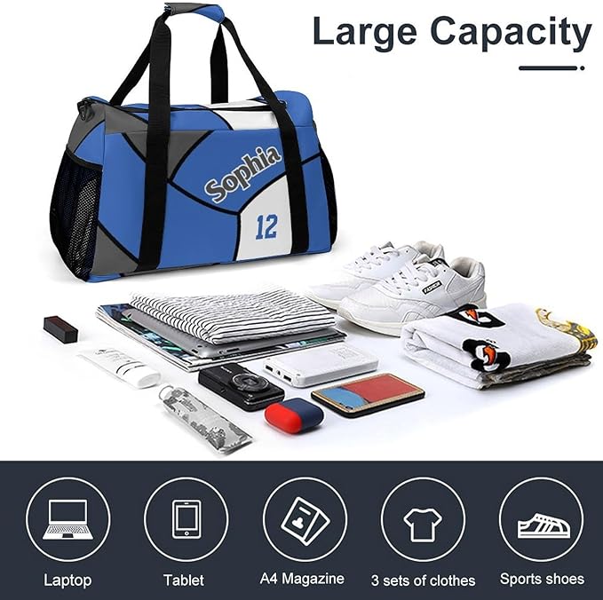 Custom Volleyball Blue Duffel Bag with Name Personalized Travel Bags Sport Gym Bag Carry On Weekender Bags for Men Women
