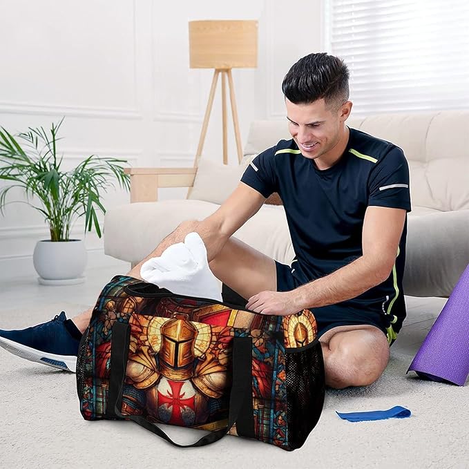 Stained Glass Knights Crusader Duffle Bag Gym Bag for Workout Travel Tote with Detachable Straps
