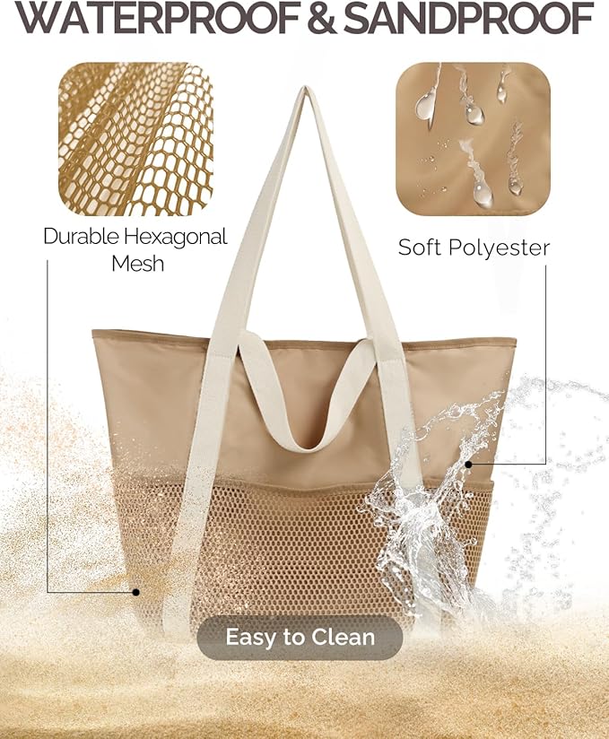 HOMESPON Beach Bag Large Waterproof Sandproof Tote for Women with Zipper and Mesh Pockets