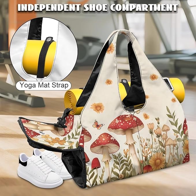 Gym Bag with Yoga Mat Holder, Shoe Compartments, Mushroom Womens Gym Bag Double Zipper Lightweight Breathable Carry On Bag for Travel Work Gym