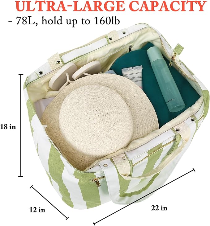 Large Canvas Beach Bag for Women, Beach Bags Waterproof Sandproof with Zipper & Wet Bag Cruise Essentials