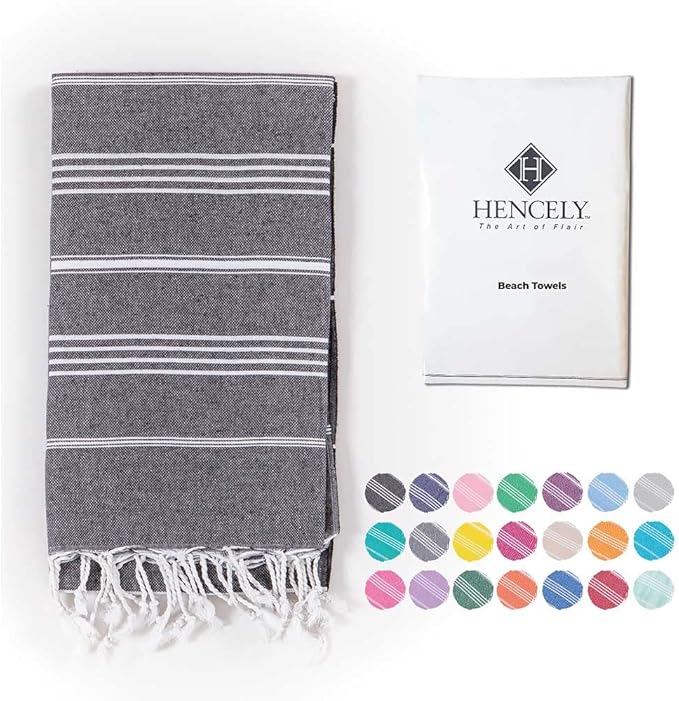 Hencely Turkish Beach Towel 37x68 Oversized, Sand-Free, Quick-Dry, Lightweight - Travel Essential for Pool & Bath - Striped 100% Cotton Bathroom Towels Accessories Gift (Black)