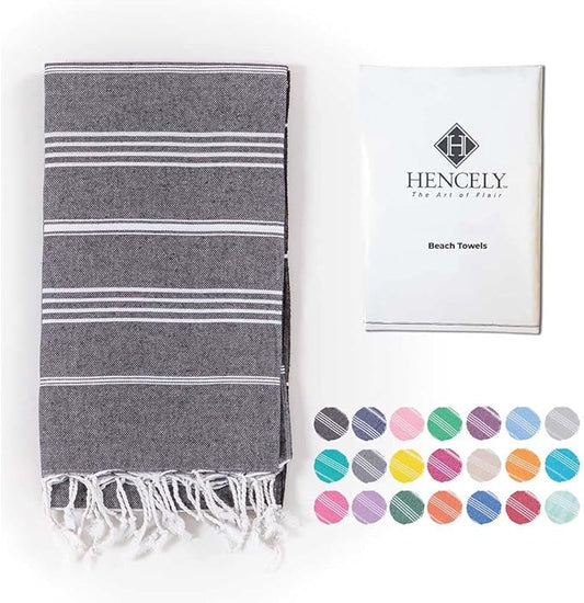 Hencely Turkish Beach Towel 37x68 Oversized, Sand-Free, Quick-Dry, Lightweight - Travel Essential for Pool & Bath - Striped 100% Cotton Bathroom Towels Accessories Gift (Black)