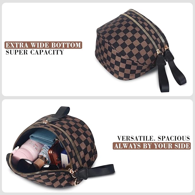 Checkered Crossbody Bag for Women, Spacious Sling & Stylish Bum Bag for Travel, Concerts, Festival, Nylon Fanny Pack Belt Bag (Brown Black Checkered)