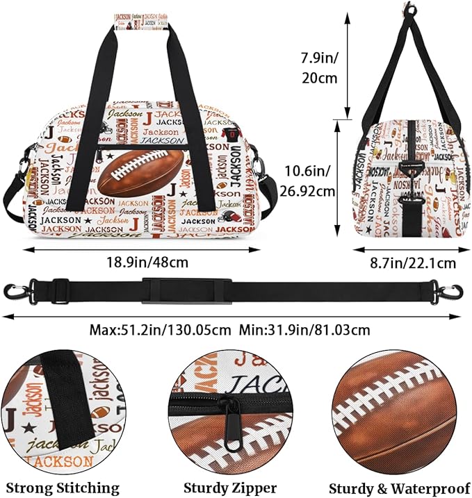 Custom Name Football Duffel Bag for Boys, Personalized Sports Gym Bag Overnight Travel Weekender Bag Lightweight Carry On Sleepovers Bag for School Practice Gymnastics Soccer Football