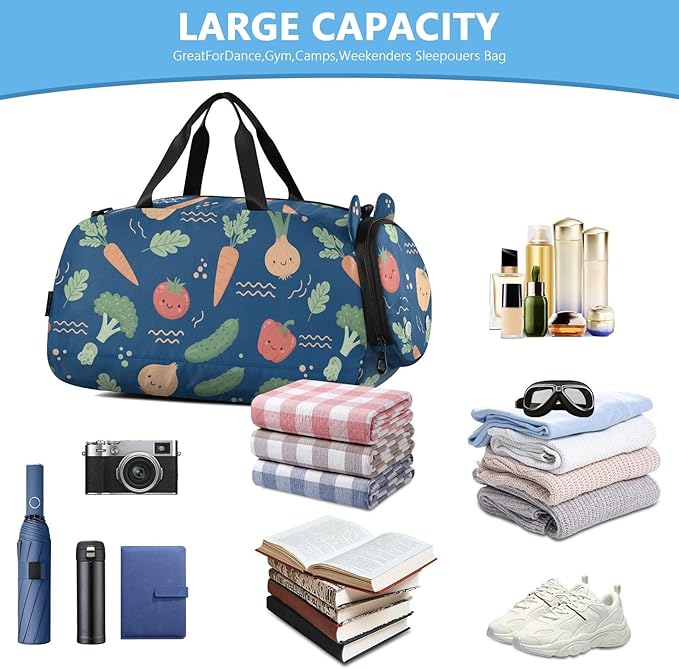 Cartoon Vegetables Blue Print Kids Sports Duffle Bag for Boys Girls Toddler Weekender Overnight Bag with Shoe Compartment & Wet Pocket Travel Foldable Bag for Sport Dance Travel Gym