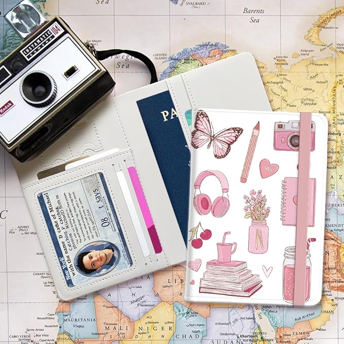 PU Leather Passport Holder Cover 5.9×4.3 Inch with Credit Card Slot and Boarding Pass Slot Combo Blocking Passport Holder Wallet Cover Case for Travel Boarding Essentials (Pink)