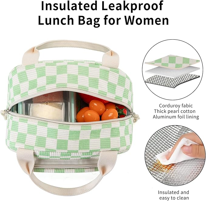 Lunch Bag Women Lunch Box for Women Adult Cute Insulated Lunch Bag Small Cooler Lunch Tote Bags for Work Picnic School (Beige-Light Green Plaid)