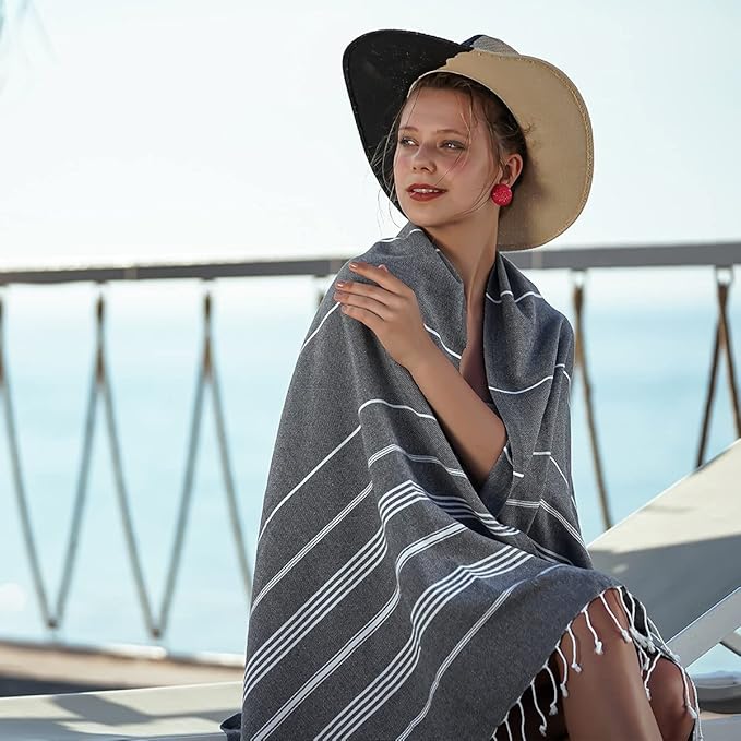 HAVLULAND |Pack of 2| Turkish Beach Towels Oversized 39x71, 100% Turkish Cotton Sand Free Quick Dry Absorbent Towel Travel Blanket for Adults Beach Gift Beach Essentials - Black