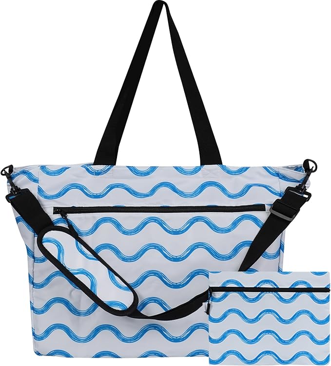 Beach Bags Waterproof Sandproof, Foldable Travel Tote Bag, Large Capacity Pool Bag With Zipper, Lightweight Swim Bag Women Men, Family Tote for Cruise, Boat, Gym, Vacation