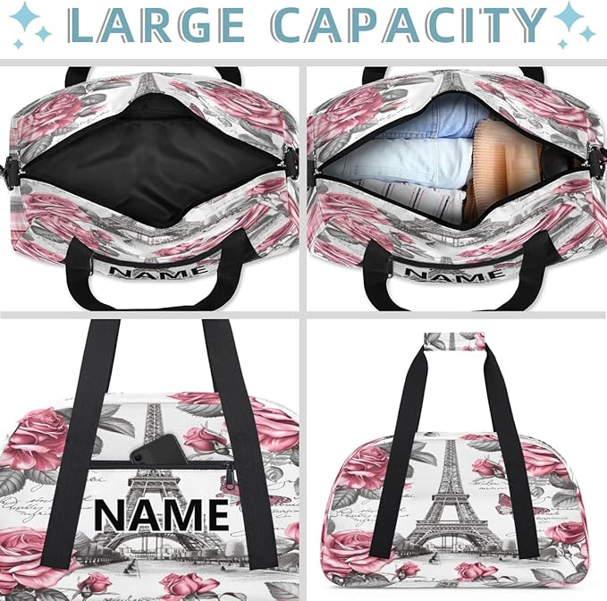 Paris Mini Gym Bag 18 inch for Women Men Waterproof Custom Romantic Eiffel Tower Travel Duffel Bag Carry On Overnight Tote Nurse Bag for Work Fitness Hiking
