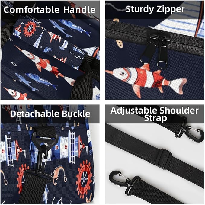 Gym Bag for Women Men, Blue White Nautical Sailboat Lighthouse Travel Duffle Bags for Dance Ballet Overnight, Carry-On Weekender Bag with Detachable Shoulder Strap