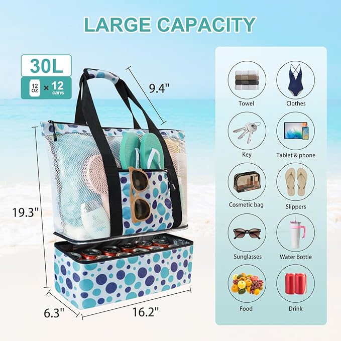 ASL Mesh Beach Bag with Cooler Compartment for Women, 2-in-1 Print Travel Tote 30L with Zipper and Pockets, Pool Picnic