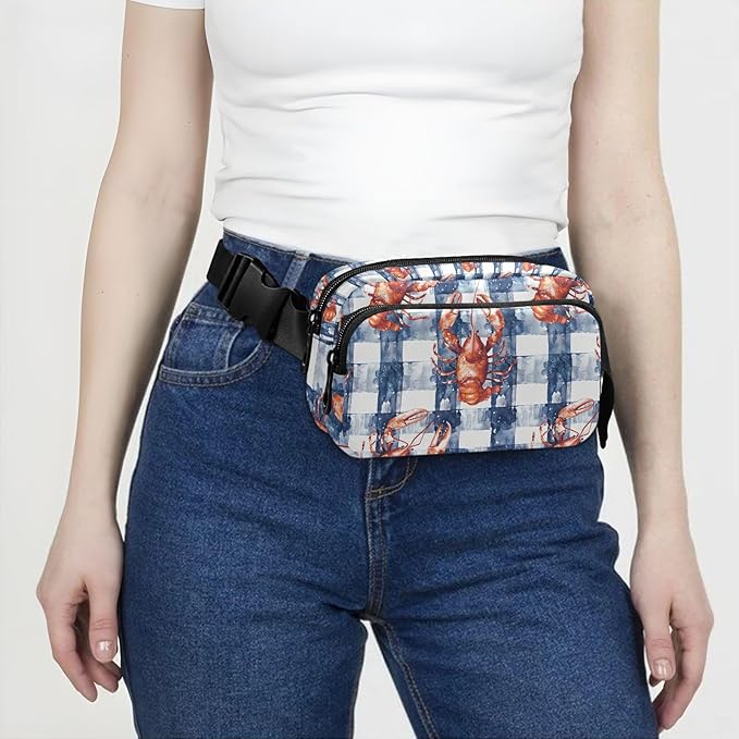 Kawaii Buffalo Check Plaid Lobster Fanny Pack for Women Men Water Resistant Fashion Waist Packs with Adjustable Strap Belt Bag for Travel Workout Jogging Hiking 21220241