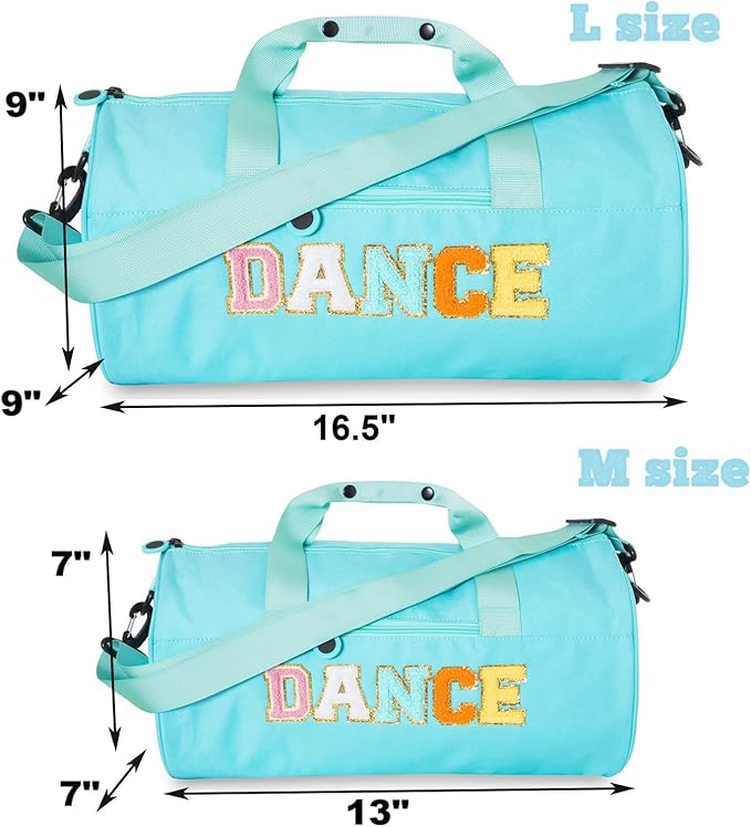 Dance Duffle Bag for Girls Large Size, Lightweight Gymnastic Sports Bag with Chenille Letters, 16.5x9x9 Inch, for Ballet, Cheer, Athletes, Ages 4-10 (Blue)