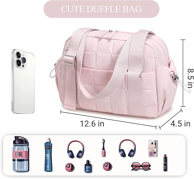 CAMTOP Mini Gym Bag for Women, Small Gym Tote Bag Puffy Quilted Sports Duffel Bag with Wet Compartment and Coin Purse Duffel Bags Dance Yoga Workout Bag for Gifts (All Coral Pink, Mini-12.6")