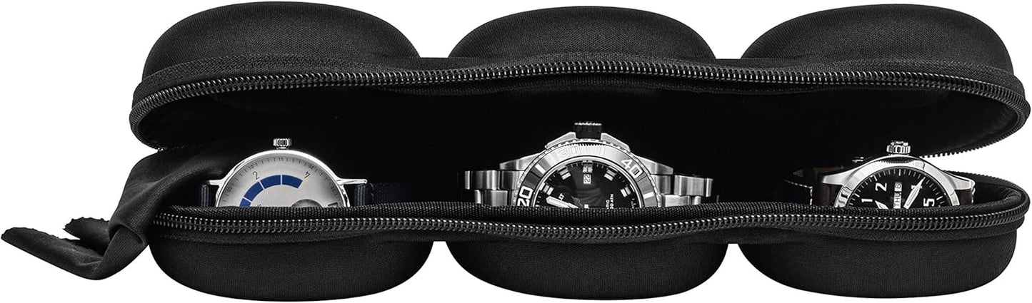 Triple Watch Travel Case Storage Organizer For 3 Watches | Tough Portable Protection w/Zipper Fits All Wristwatches & Smart Watches Up To 50mm (Black)
