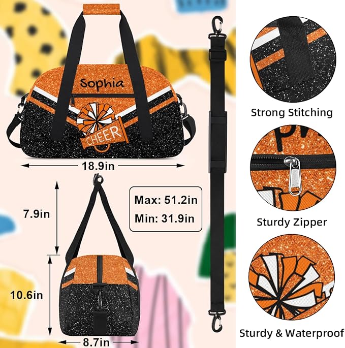 Personalized Orange Glitter Cheer Bag for Cheerleaders, Custom Sport Gym Bag Dance Bag Travel Duffle Bag Cheerleading Gifts for Women