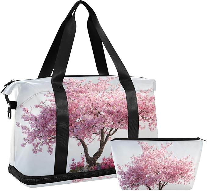 Travel Duffel Bags for Women Cherry Blossom Tree on Water Island Sports Duffel Bags Gym Bags with Shoes Compartment Tote Bag Weekender Bag for Travelling