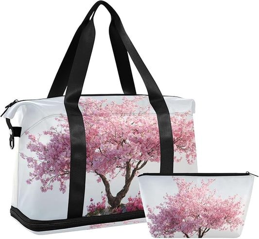 Travel Duffel Bags for Women Cherry Blossom Tree on Water Island Sports Duffel Bags Gym Bags with Shoes Compartment Tote Bag Weekender Bag for Travelling