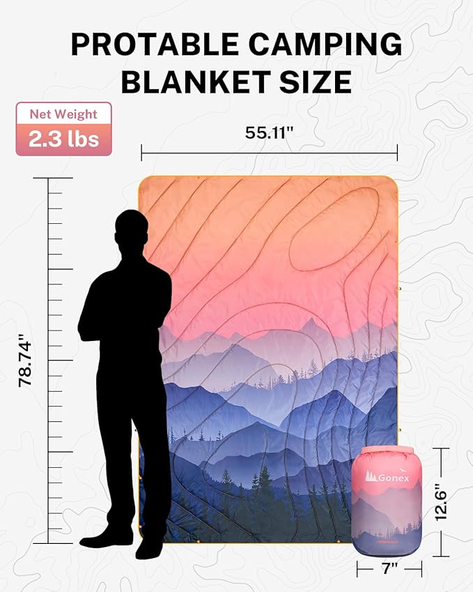 Gonex Camping Blanket with Aero-Warmth Tech Layer, Puffy Printed Packable Blanket Ultralight & Warm Wearable Water-Resistant Quilt for Outdoor, Camping, Hiking, Travel, Picnics 79" X 55"(Sunset)