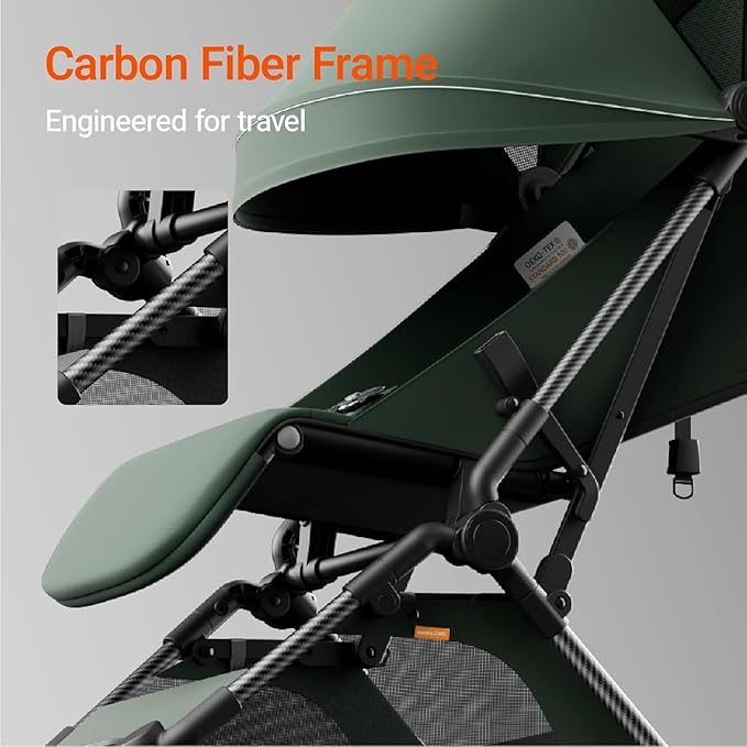 MAMAZING Ultra Air Lightweight Baby Travel Stroller with Carbon Fiber Frame, Compact & Airplane-Friendly, One-Handed Fold, 11.6 lbs, Perfect for Toddlers, Organizer & Cushion Included, Green