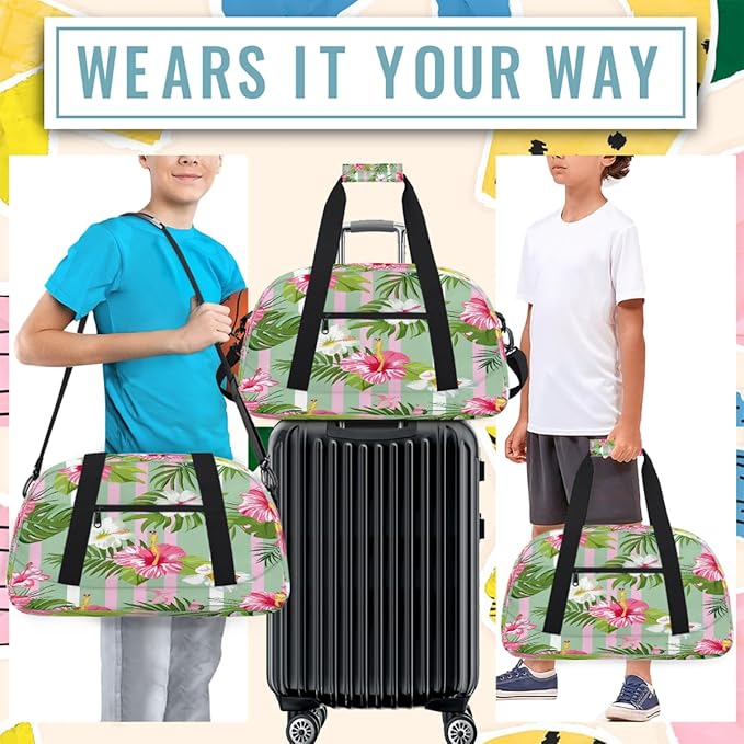 Duffle Bag for Women Men, Pink Green Stripe Flowers Gym Bag for Travel Sports, Lightweight Waterproof Weekender Overnight Bags with Adjustable Strap