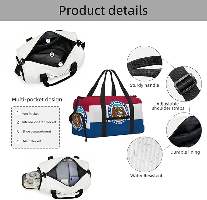 Missouri State Flag Print Gym Bag with Shoe Compartment for Women Men, 17.7in Sports Duffle Weekender Tote, Overnight Travel Duffel Bag Carry On