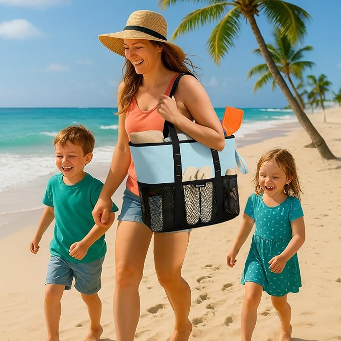 Large Beach Bag with Zipper-8 Pockets Sandproof Beach Tote Bag for Women,Foldable Lightweight Family Swim Bag Vacation