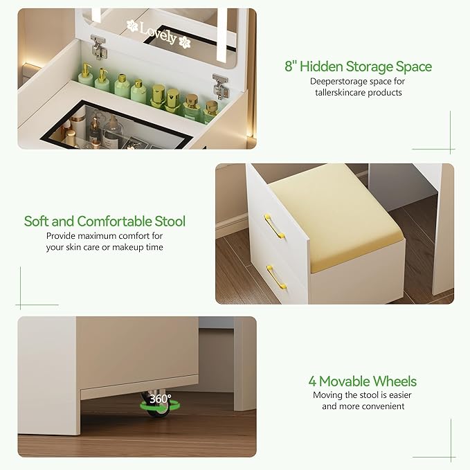 HNEBC 3 in 1 Vanity Desk with Plip Top LED Mirror,Small Dressing Table Set with Visible Glass Desktop,Compact Vanity with 3 Drawers,Storage Compartment and Padded Stool,for Bedroom(White)