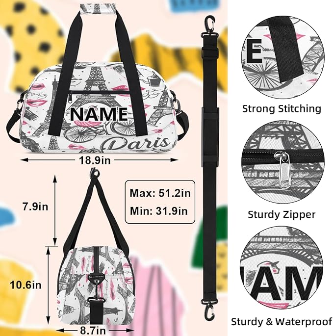 Eiffel Tower Mini Gym Bag 18 inch for Women Men Waterproof Custom Romantic Paris Travel Duffel Bag Carry On Overnight Tote Nurse Bag for Work Fitness Hiking